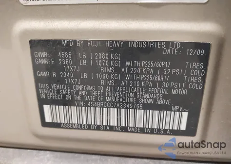 2010 Subaru Outback 2.5I Premium from USA, damaged, VIN 4S4BRCCC7A3349769